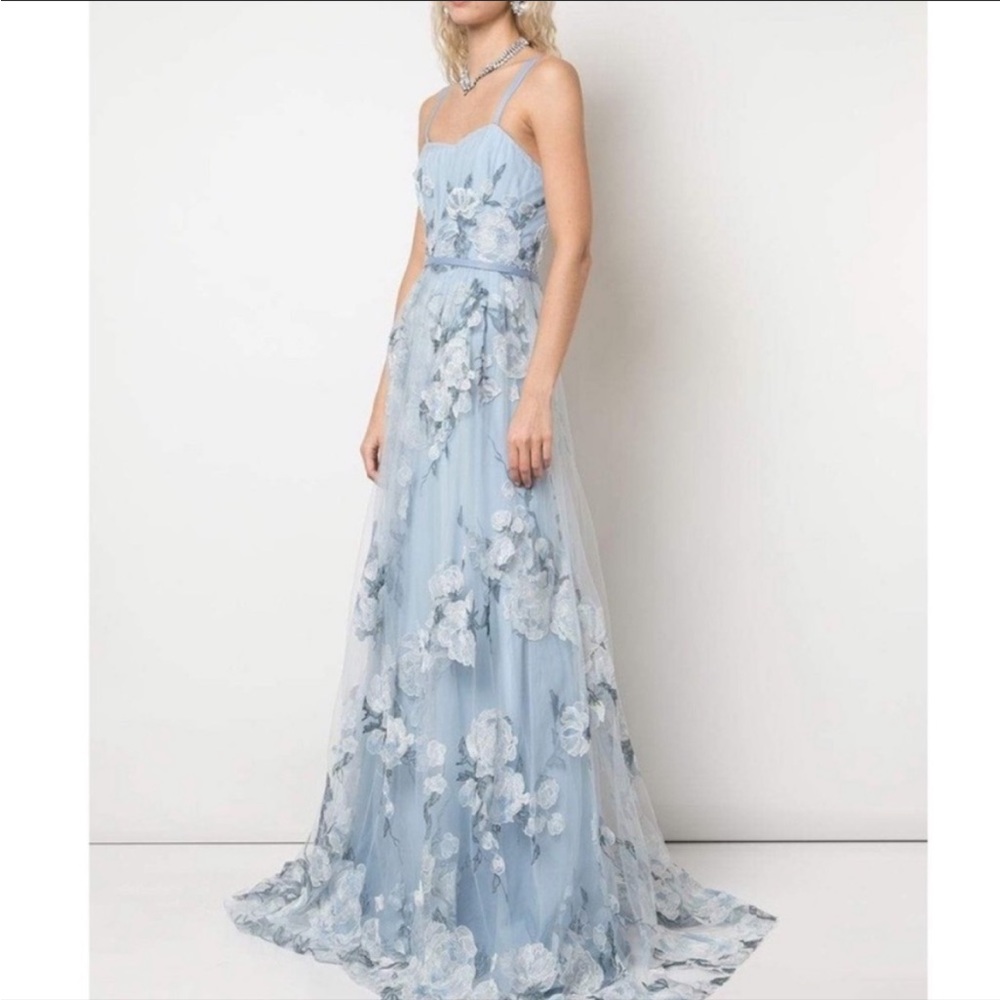 DESIGNER Marchesa Notte Blue Embroidered Flower Gown Formal Dress 4 Small